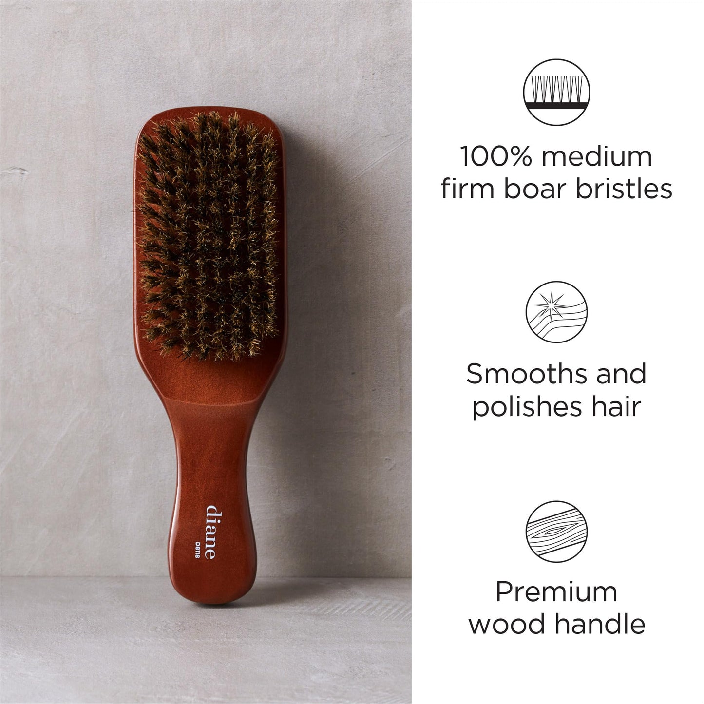 Diane Premium 100% Boar Bristle Club Wave Brush for Men and Barbers - Medium Bristles for Thick Coarse Hair - Use for Detangling, Smoothing, Wave