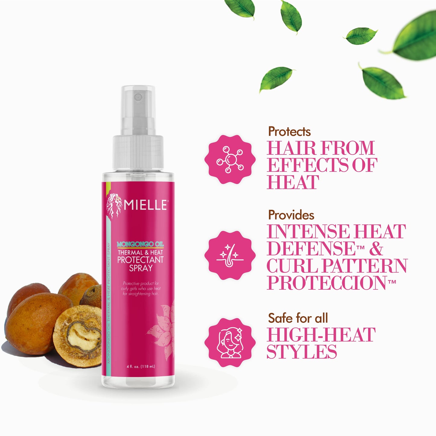 Mielle Mongongo Oil Thermal & Heat Protectant Spray, Protects Hair from Heat Damage, Intense Heat Defense, Curl Pattern Protection, Safe for All Hair