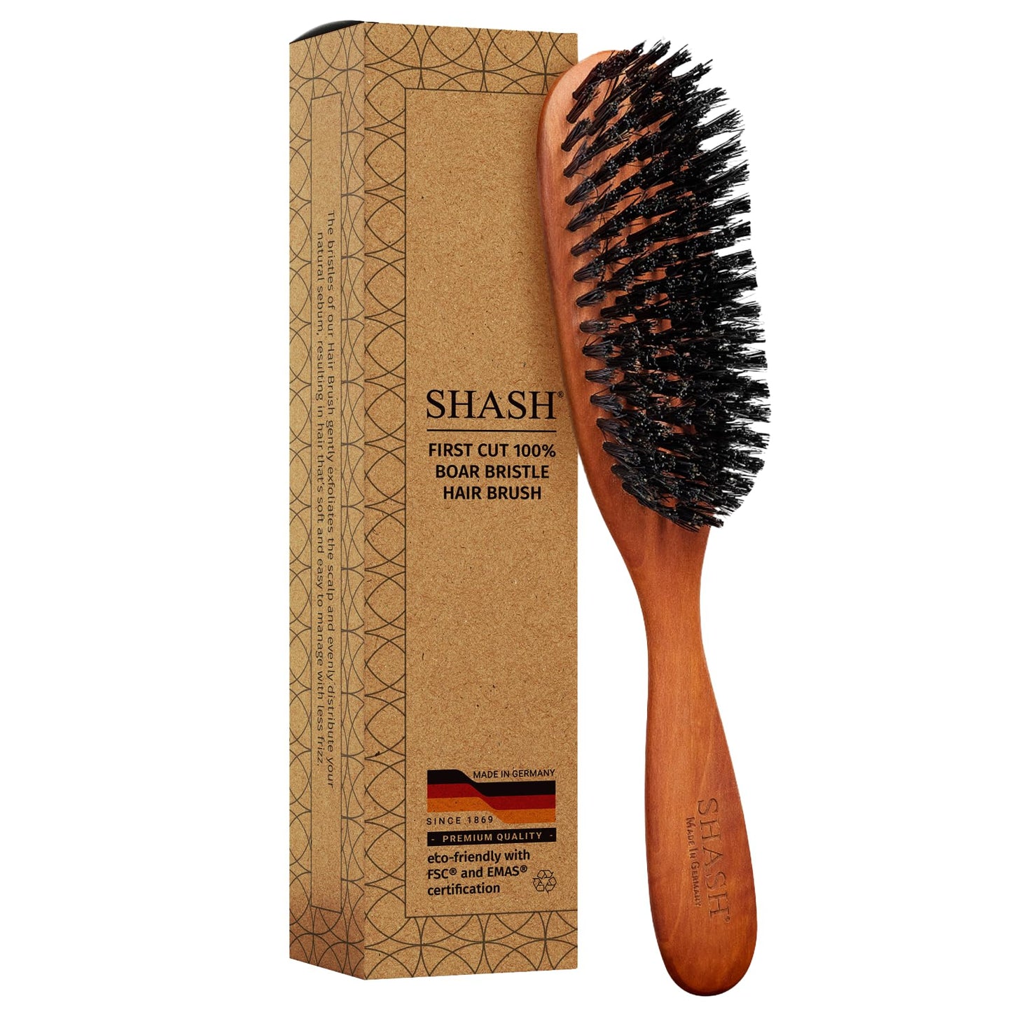 SHASH Classic German First Cut 100% Boar Bristle Hair Brush Since 1869 - Conditions Hair, Improves Texture, Exfoliates Scalp, Fine to Normal not