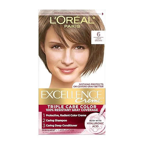 L'Oreal Paris Excellence Crème Permanent Hair Dye, Triple Care Hair Color with Hyaluronic Acid for 100% Gray Coverage, 6 Light Brown, 1 Kit (Packaging
