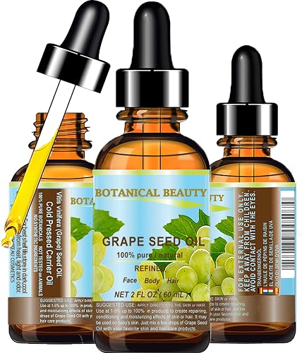 Botanical Beauty GRAPE SEED OIL 100% Pure Natural Undiluted Refined Cold Pressed Carrier Oil for Face, Skin, Body, Hair, Massage, Lip, Nails (2 Fl Oz