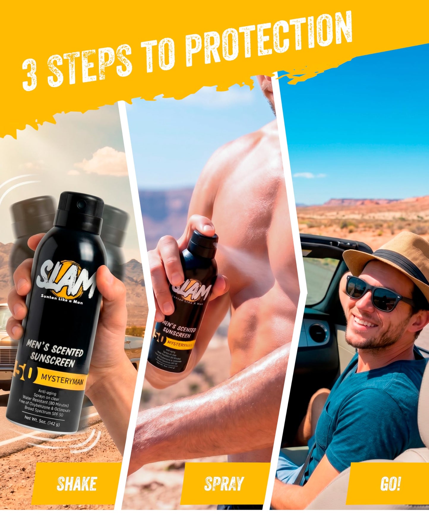 SLAM Men’s Sunscreen SPF 50 Spray - Broad Spectrum UVA/UVB Protection - Non-Greasy & No Harsh Chemicals - MysteryMan Sandalwood Tonka Bean Sage
