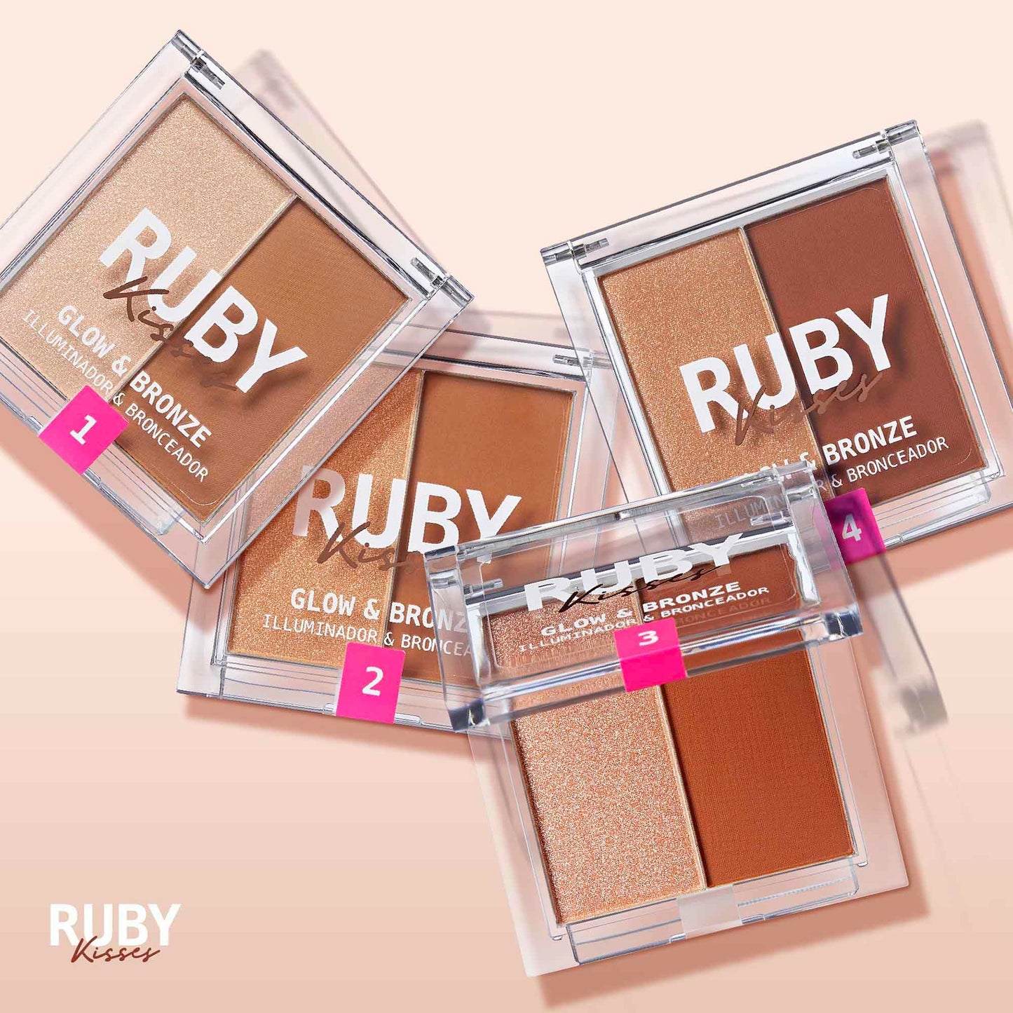 Ruby Kisses Glow & Bronze Highlighter/Bronzer Duo, 2 -in-1 Gel to Powder Illuminating Highlight + Silky Matte Bronzer, Contour & Sculpt for Luminous