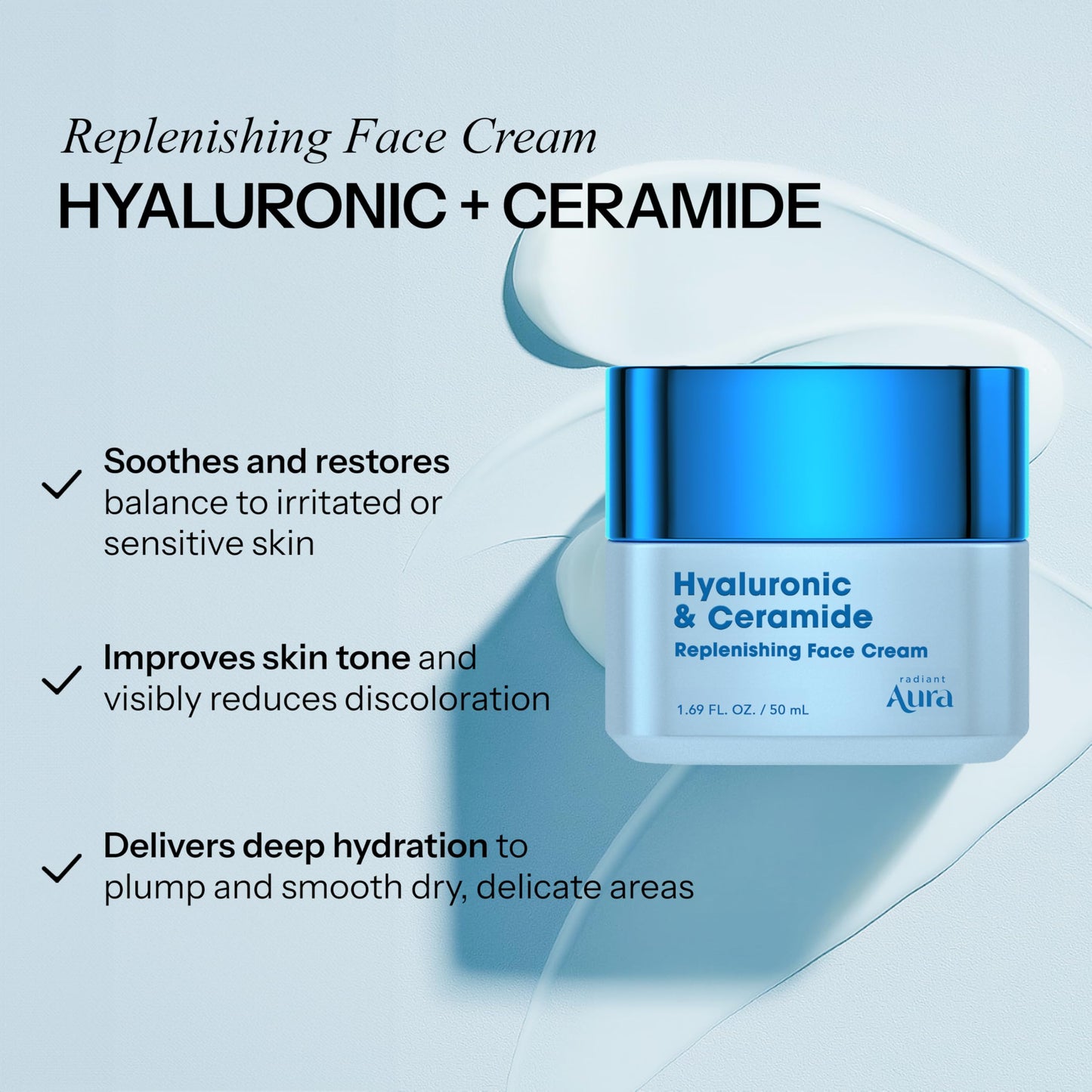 Radiant Aura Hyaluronic Acid & Ceramide Face Moisturizer - Dermatologist Tested, Anti Aging, Korean Skin Care - Hydrating Face Cream, Softens