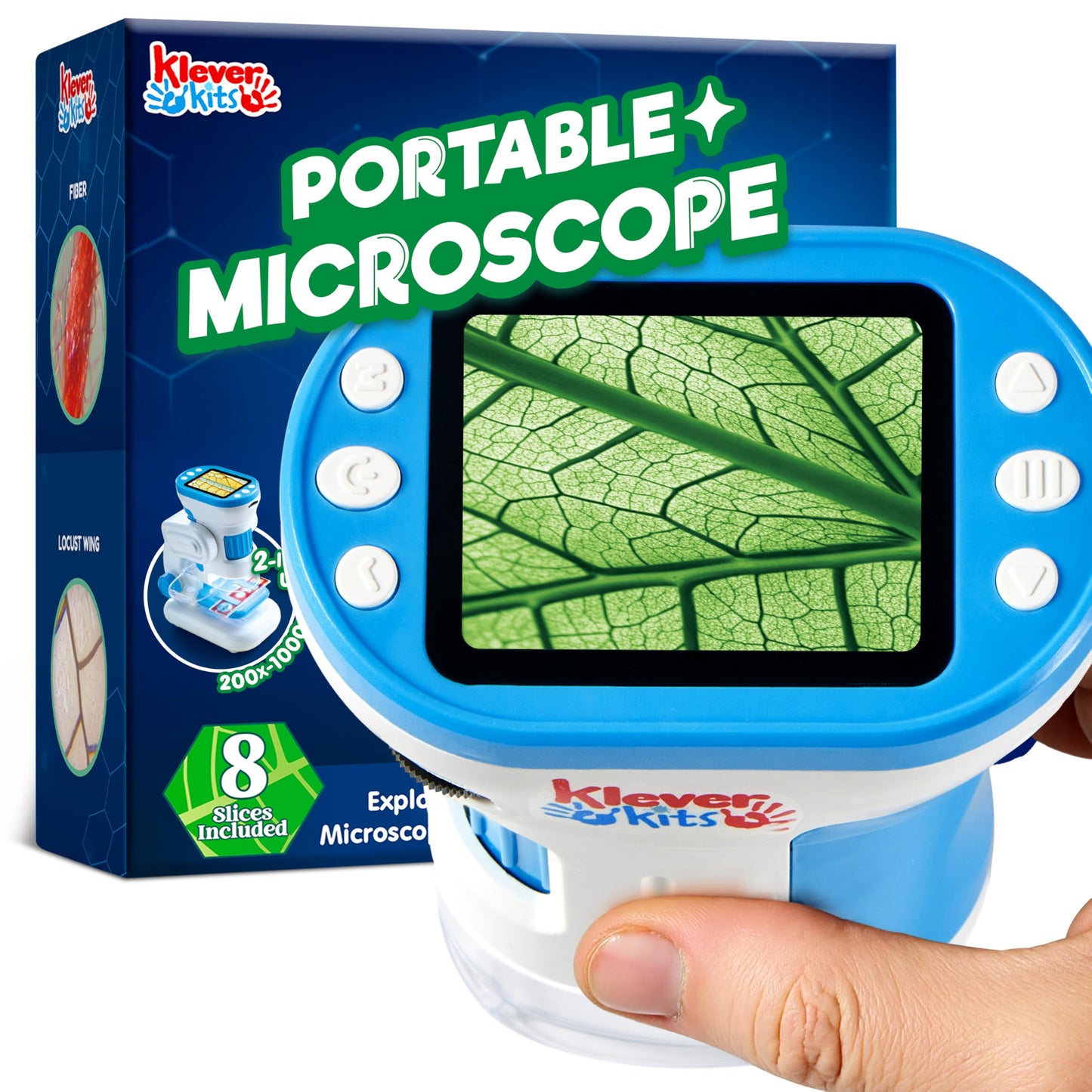 Klever Kits 2-in-1 Kids Microscope – 1000X HD Digital Handheld with 2" LED Screen, Slides & 32G Card, Educational Gift for Ages 5–12