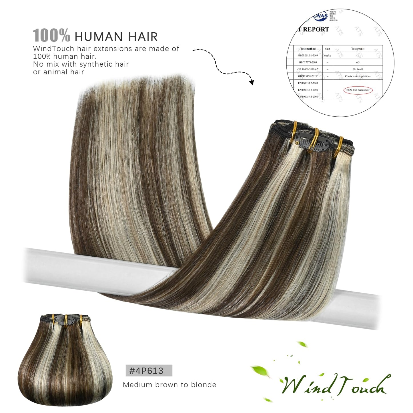 WindTouch Clip in Hair Extensions Medium Brown to Blonde Highlights For Women 20Inch Soft Human Remy Hair Extensions 9A Grade #4P613 75g 7PCS