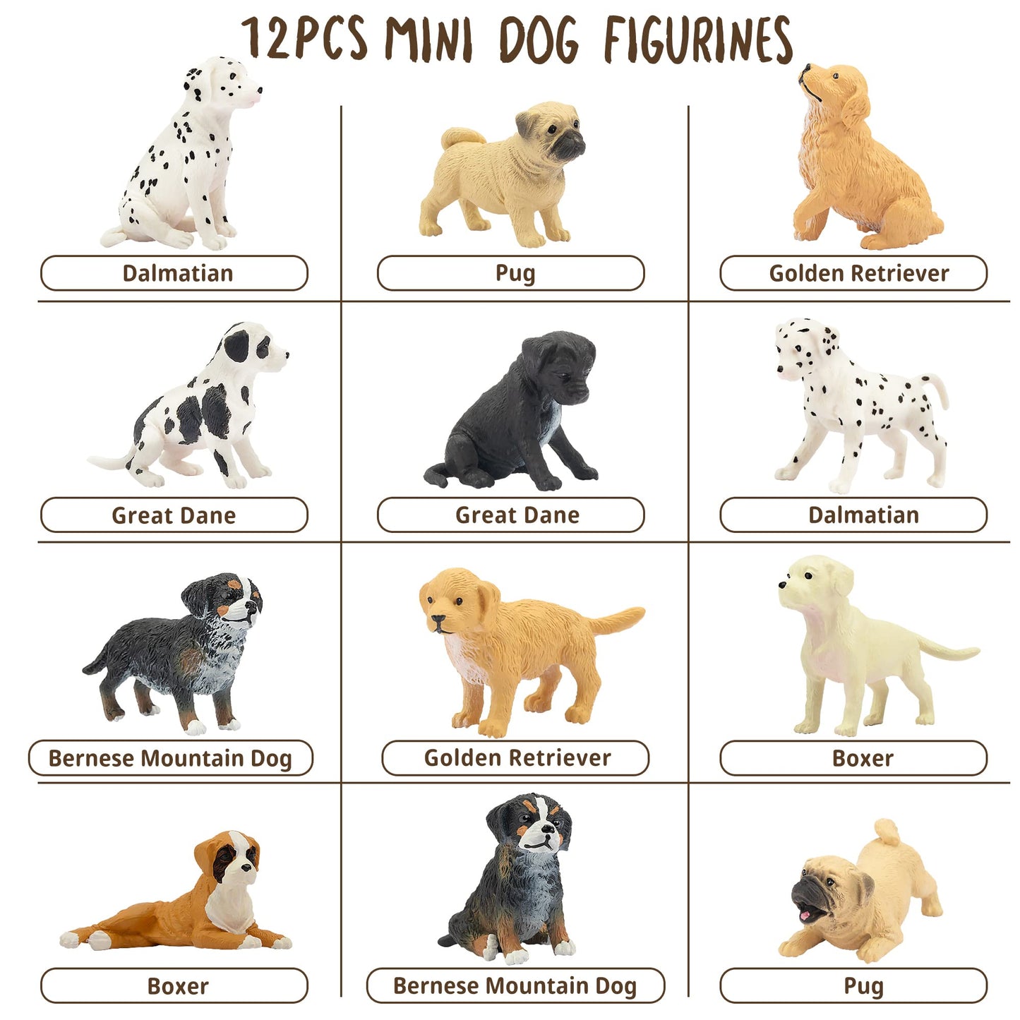 Toymany 12PCS Mini Dog Figurines Playset – Realistic Hand-Painted Puppy Figures, Plastic Animal Toys, Cake Toppers & Gifts for Kids