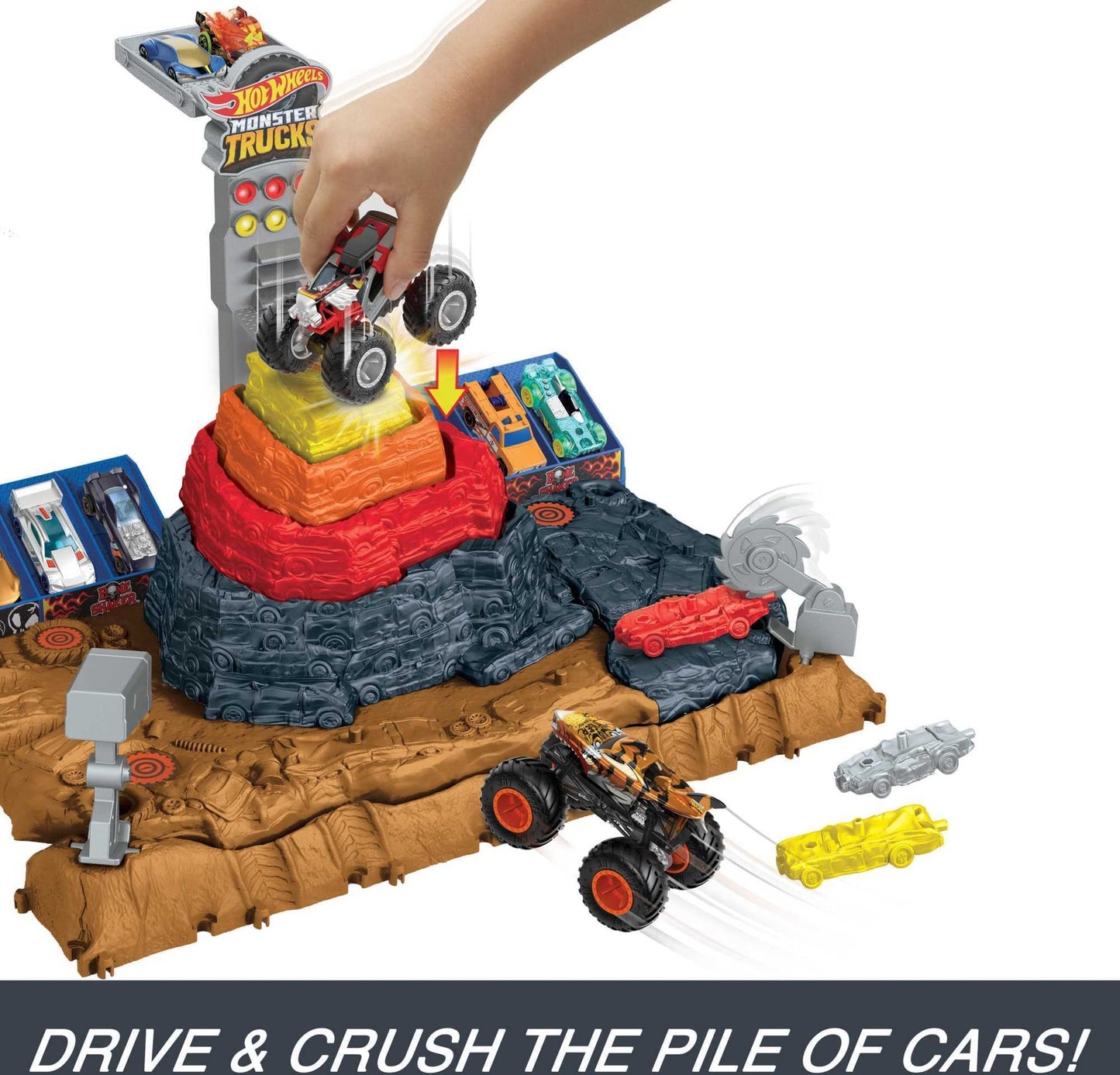 Hot Wheels Monster Trucks Playset & Toy Truck, Arena Smashers Bone Shaker Ultimate Crush Yard, Exclusive 1:64 Scale Bone Shaker & 3 Crushable Cars