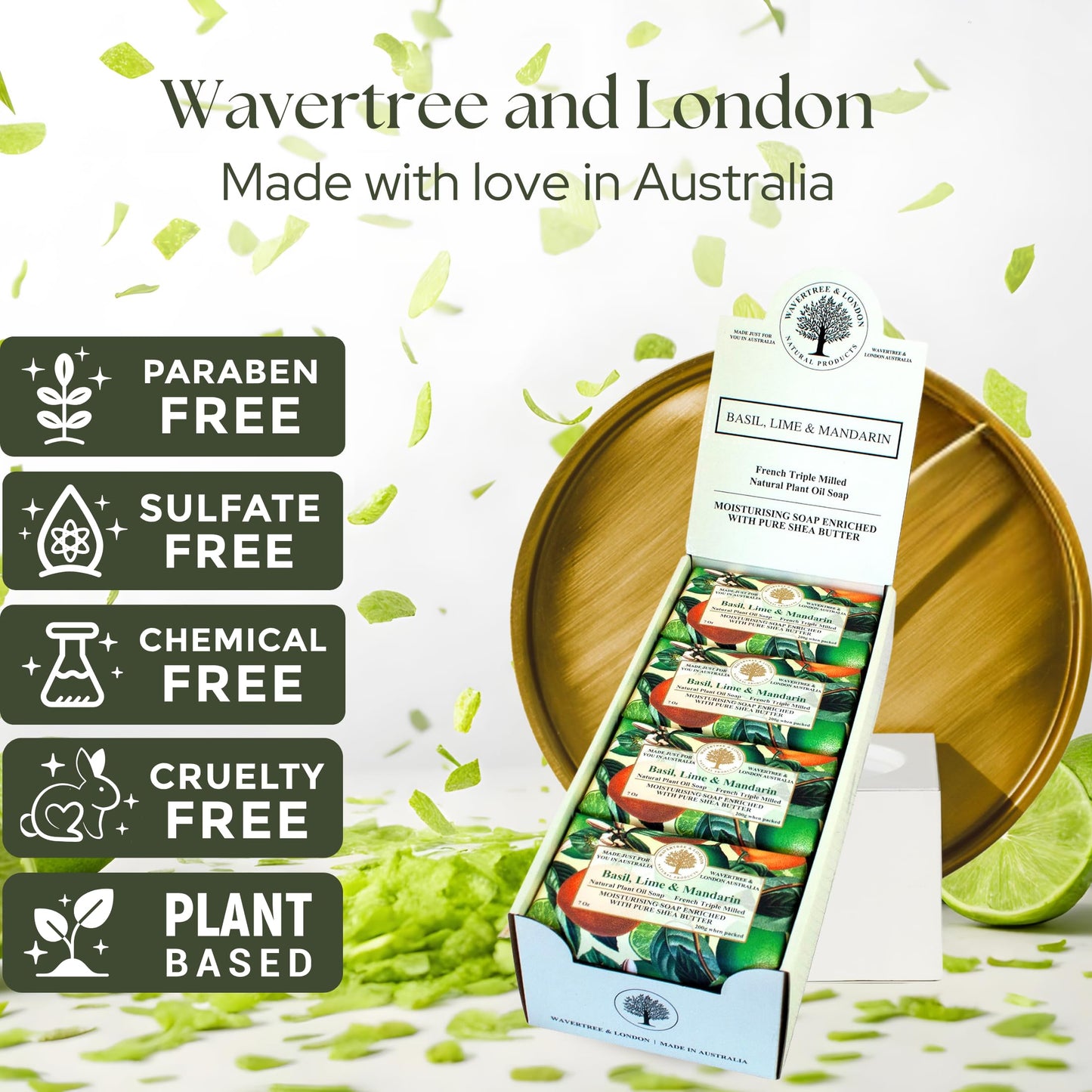 Wavertree & London Basil, Lime & Mandarin Scented Natural Soap (8 Bars), 7oz Moisturizing French Triple Milled Soap Bars enriched with shea butter