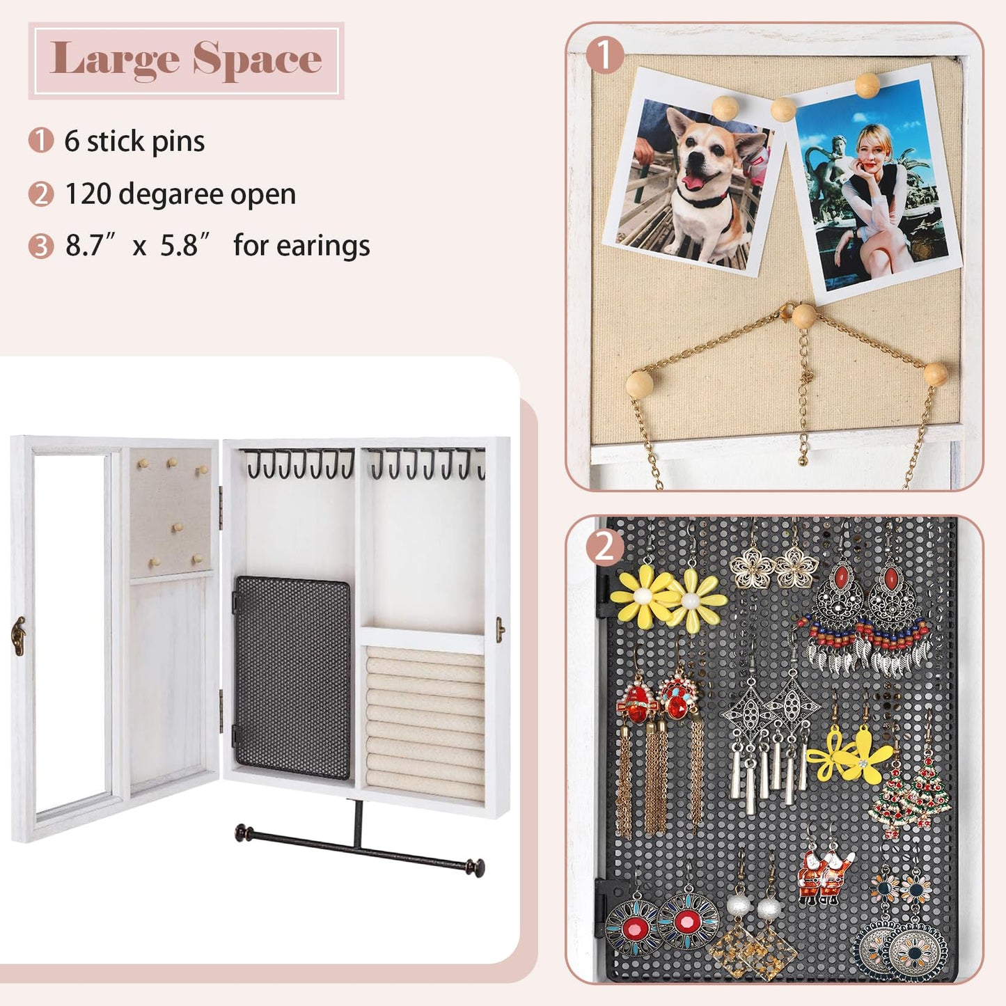 Keebofly Wall Mounted Jewelry Organizer With Rustic Wood Large Space Jewelry Cabinet, Holder, Storage Box for Necklaces, Earrings, Bracelets, Ring…