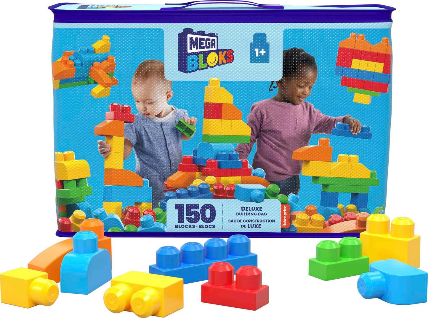 MEGA BLOKS First Builders Deluxe Building Bag with 150 Toddler Blocks, Preschool Learning Toy Set with Storage, Blue, Ages 1+ Years