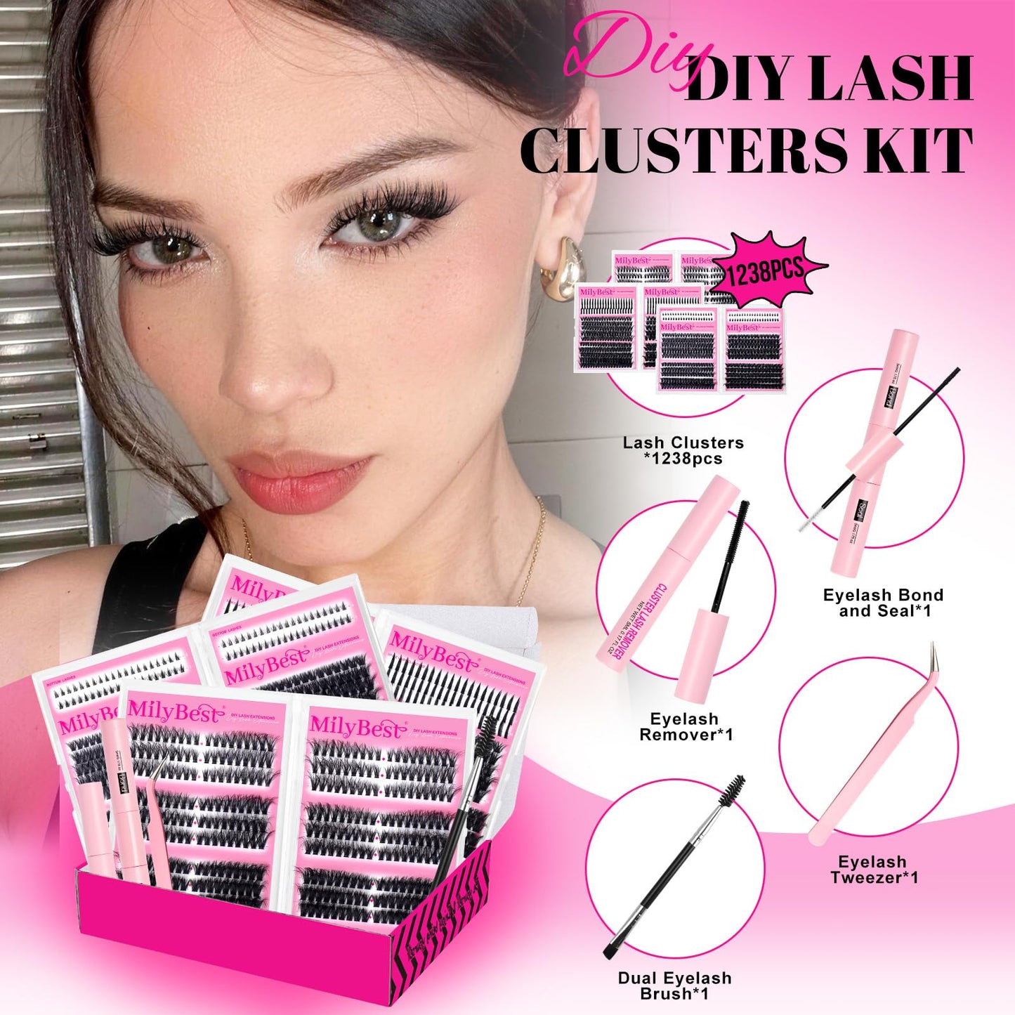 MilyBest 1238Pcs Lashes Clusters Kit with Spikes+Bottom, 6 Styles 50D/60D/80D/100D/150D Fox Eye Cluster Eyelash Extensions with Bond&Seal 10-18mm Beauty and Personal Care MilyBest