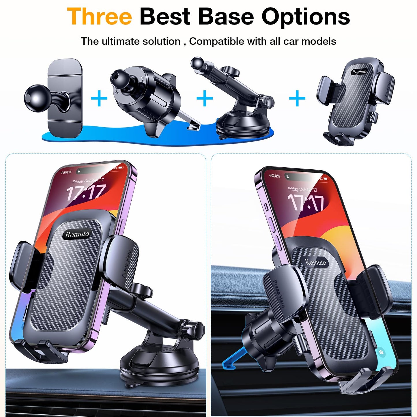 Romuto Phone Holders for Your Car Phone Holder MountใSuper SuctionใCell Phone Mount for Car Accessories for Women Men Dashboard/Windshield/Vent Truckโฆ