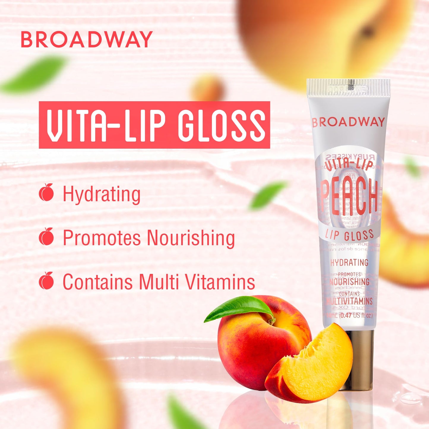 Ruby Kisses Broadway Vita-Lip Clear Lip Gloss (Peach 6 Pack), Ultra-Hydrating & Soothing Formula with Vitamin Oils, High-Shine Non-Sticky Finish