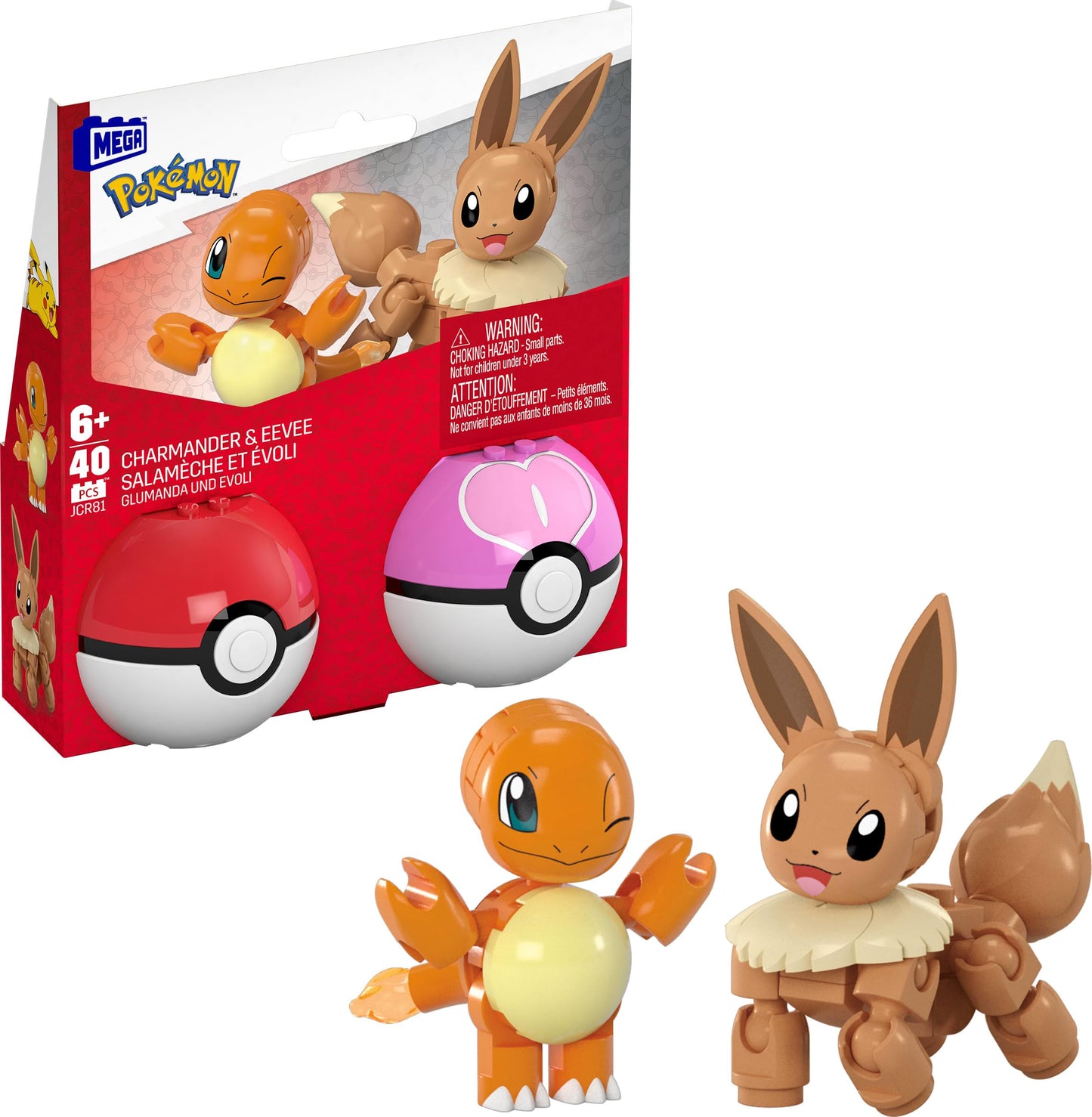 MEGA Pokémon Action Figure Building Toys Set, Poké Ball 2-Pack, Charmander and Eevee with 40 Pieces, for Kids