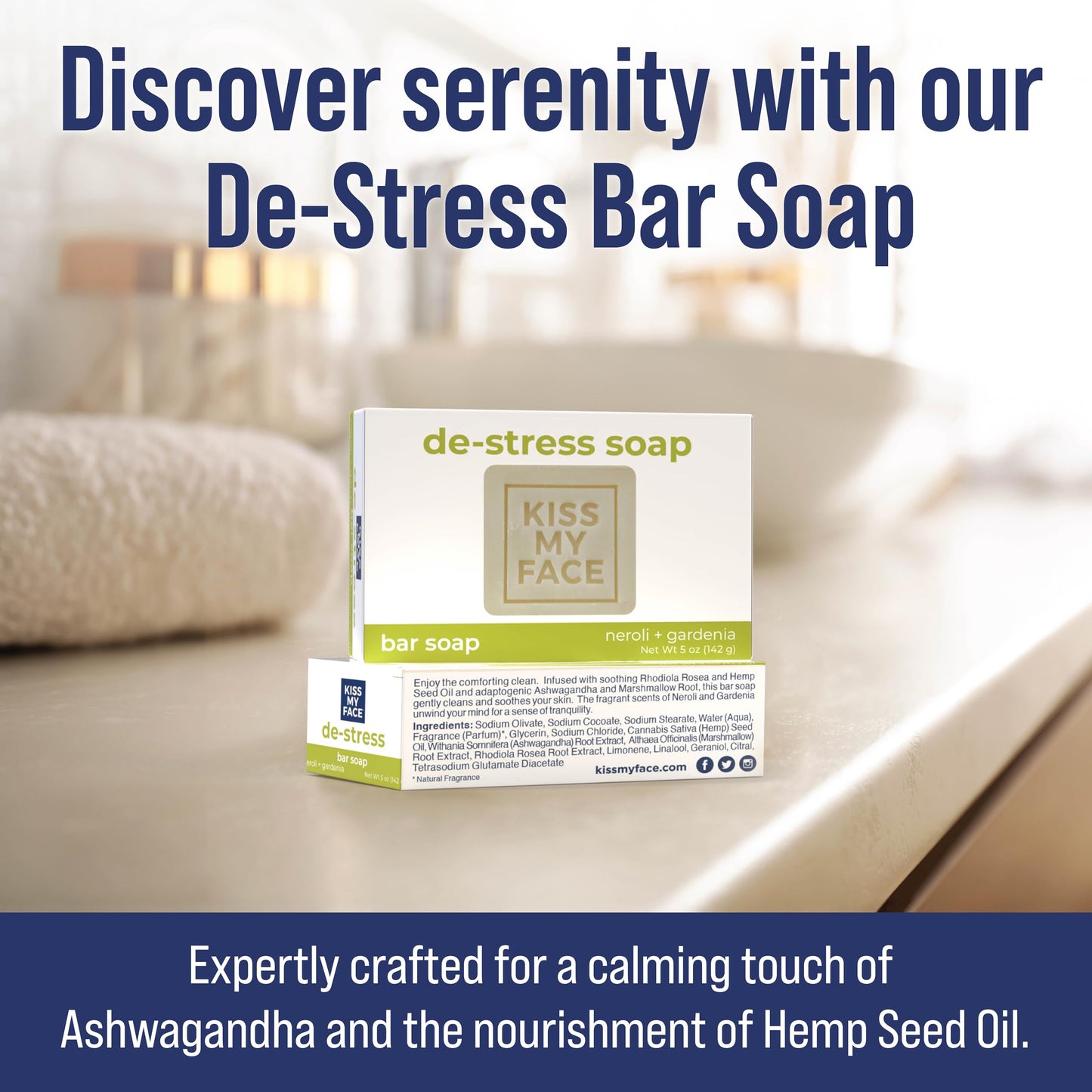 Kiss My Face De-Stress Bar Soap - Neroli + Gardenia - Vegan Soap Bar with Hemp Seed Oil - Cruelty Free and Palm Oil Free Bath Soap (Neroli + Gardenia