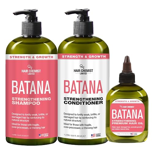 Hair Chemist Batana Strengthening Large Shampoo, Conditioner and Hair Oil Set (3-PC SET) - Batana Shampoo and Conditioner for Hair Growth, Thickening