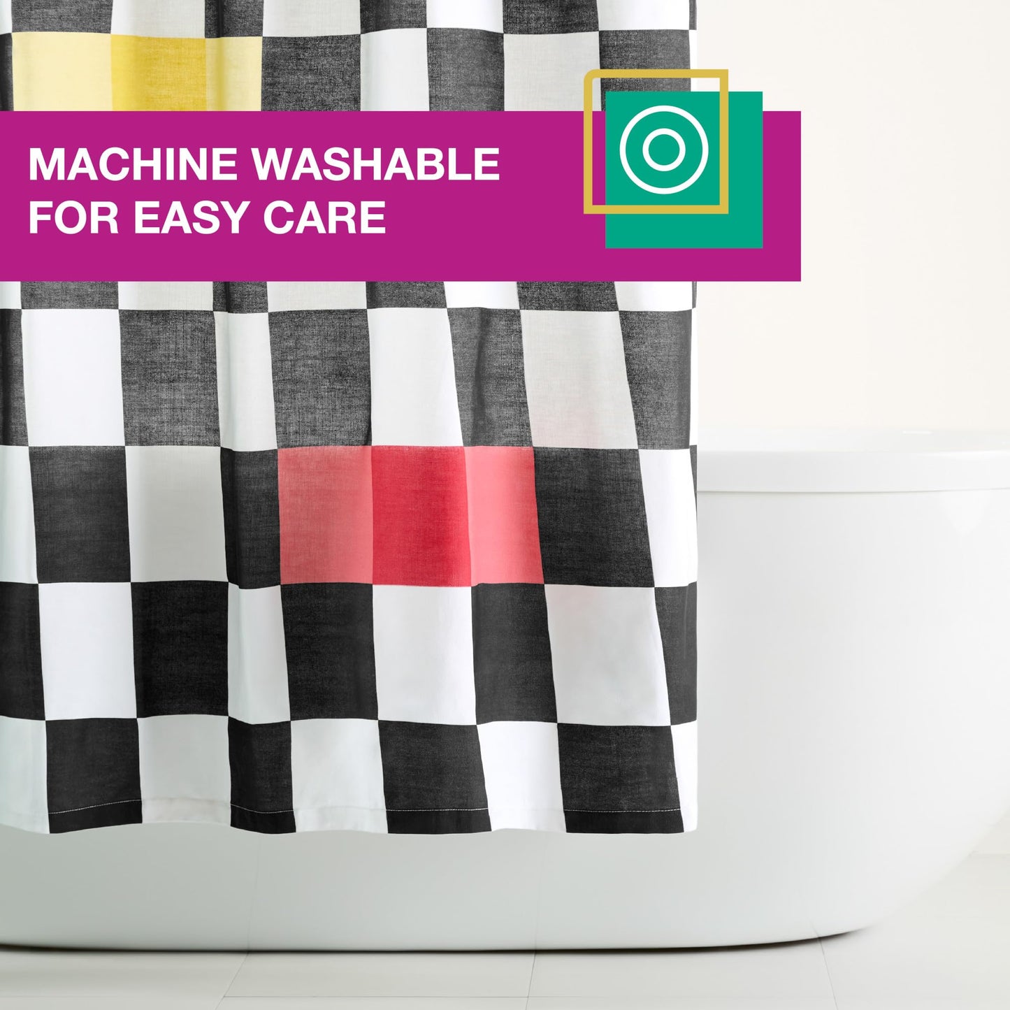 TOWN & COUNTRY PLAY Betty Bold Checkerboard Cotton-Rich Breathable Fabric Shower Curtain with Anti-Rust Grommets, Black/White/Blue, 70"x72"