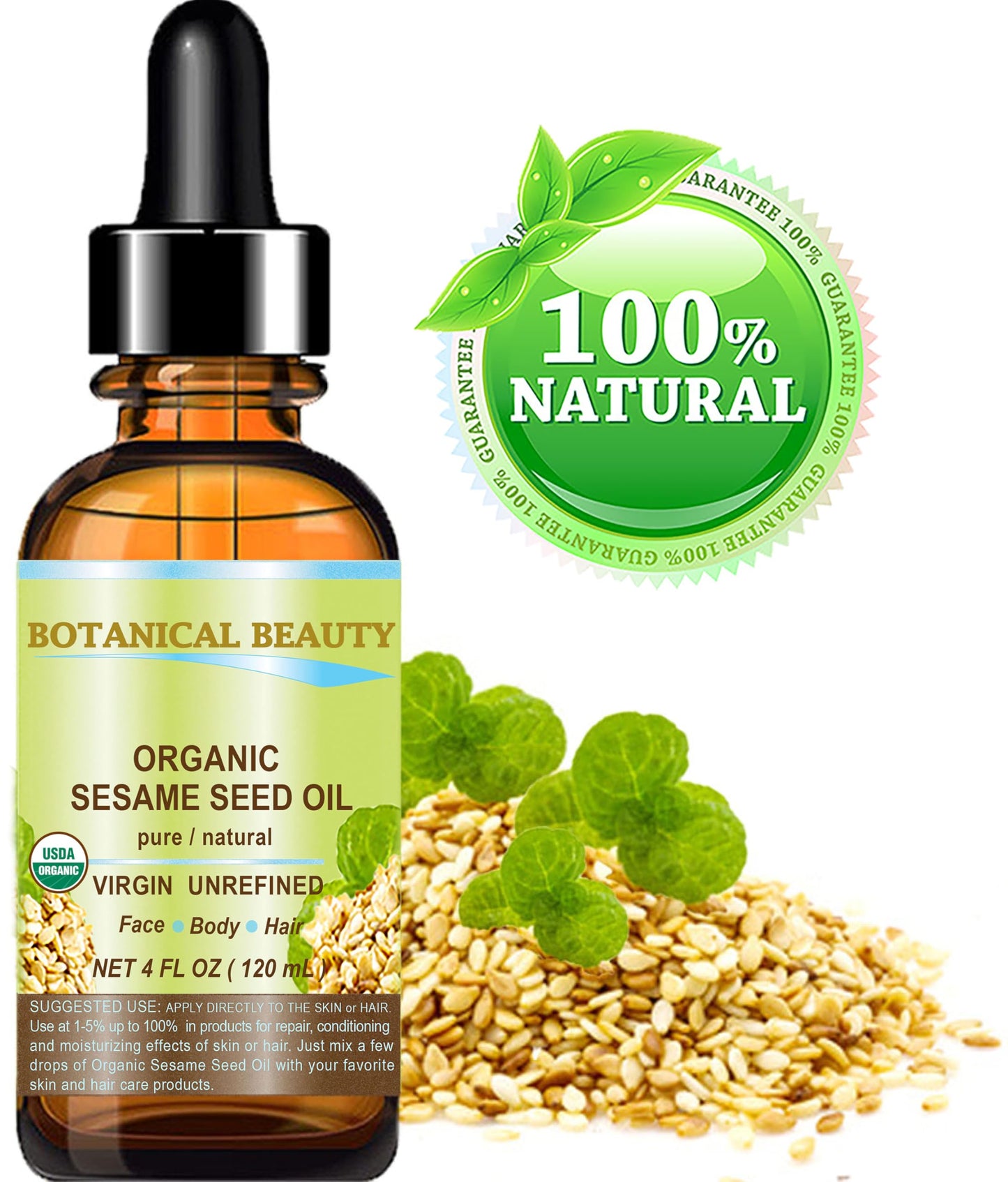Botanical Beauty Organic SESAME SEED OIL 100% Pure Natural Virgin Unrefined Undiluted Cold Pressed Carrier Oil for Face, Skin, Body, Hair, Massage