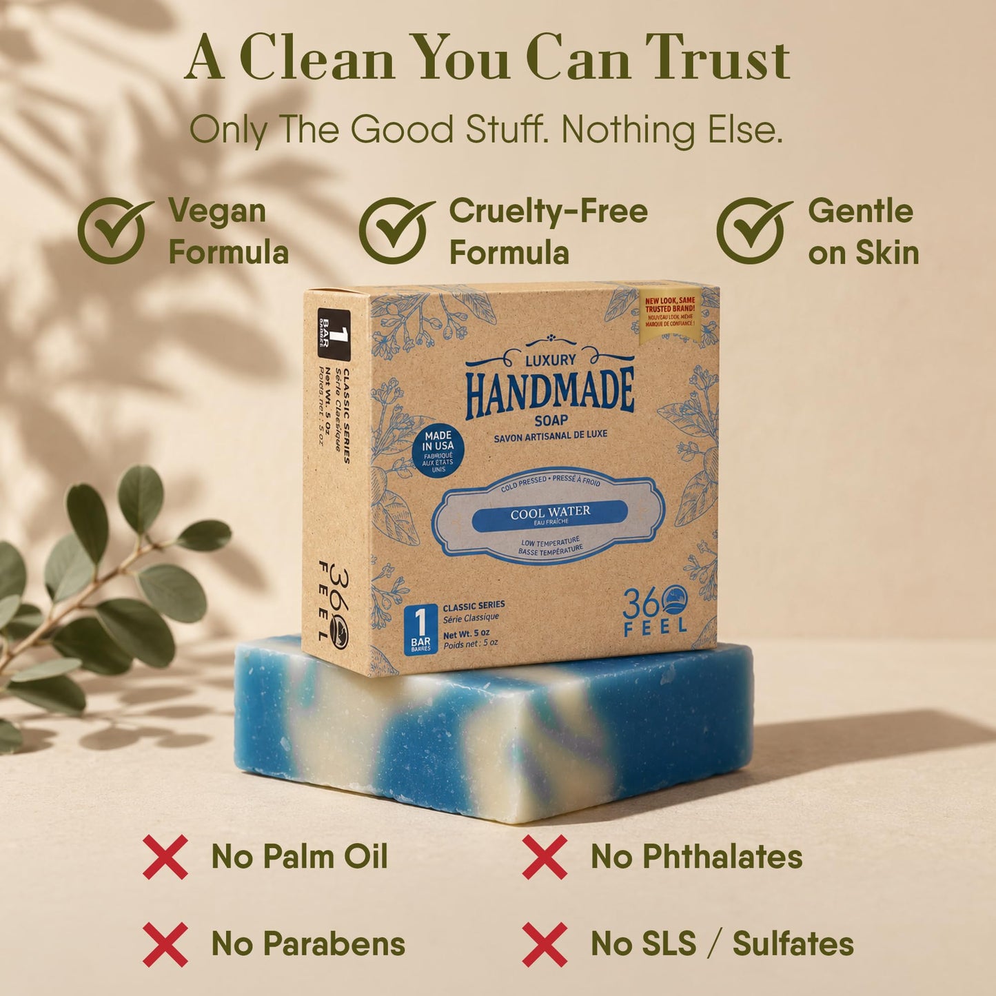 360Feel Cool Water Soap - Made in The USA - Castile Handmade All Natural Cold Processed - Infused with Cool Water Scent for Gentle Cleanse Beauty & Personal Care 360Feel