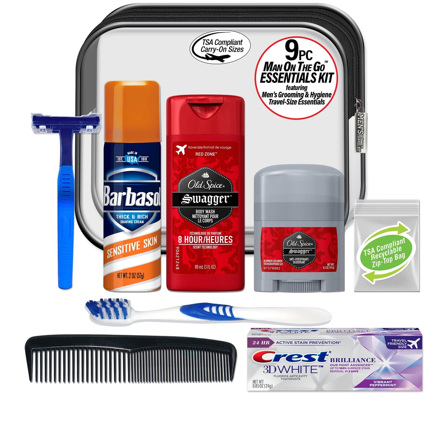 Convenience Kits International Men's Deluxe, 9-Piece Kit with Travel Size TSA Compliant Essentials , Featuring: Old Spice Products in Reuseable