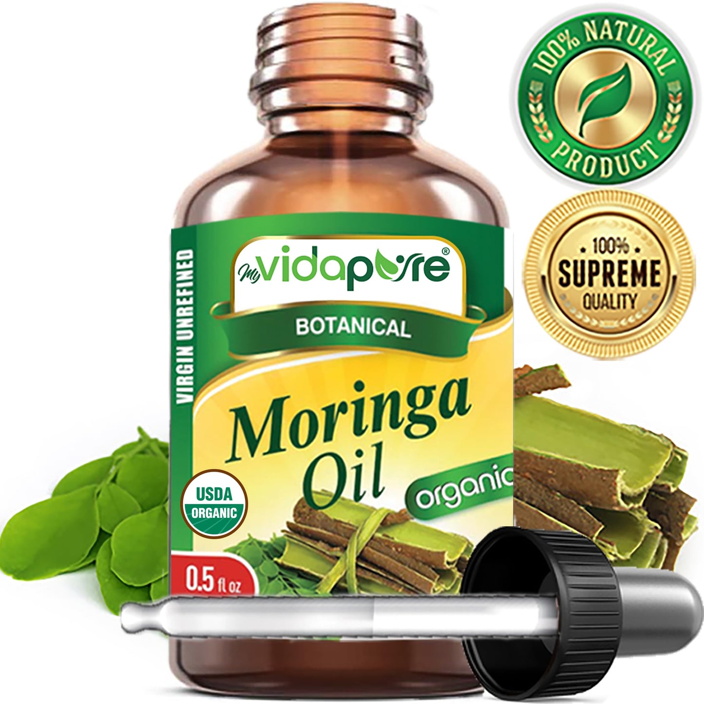 MYVIDAPURE Organic MORINGA OIL Moringa Oleifera Certified Organic 100% Natural Pure Virgin Unrefined for Face, Skin, Body, Hair, Lip, Nails