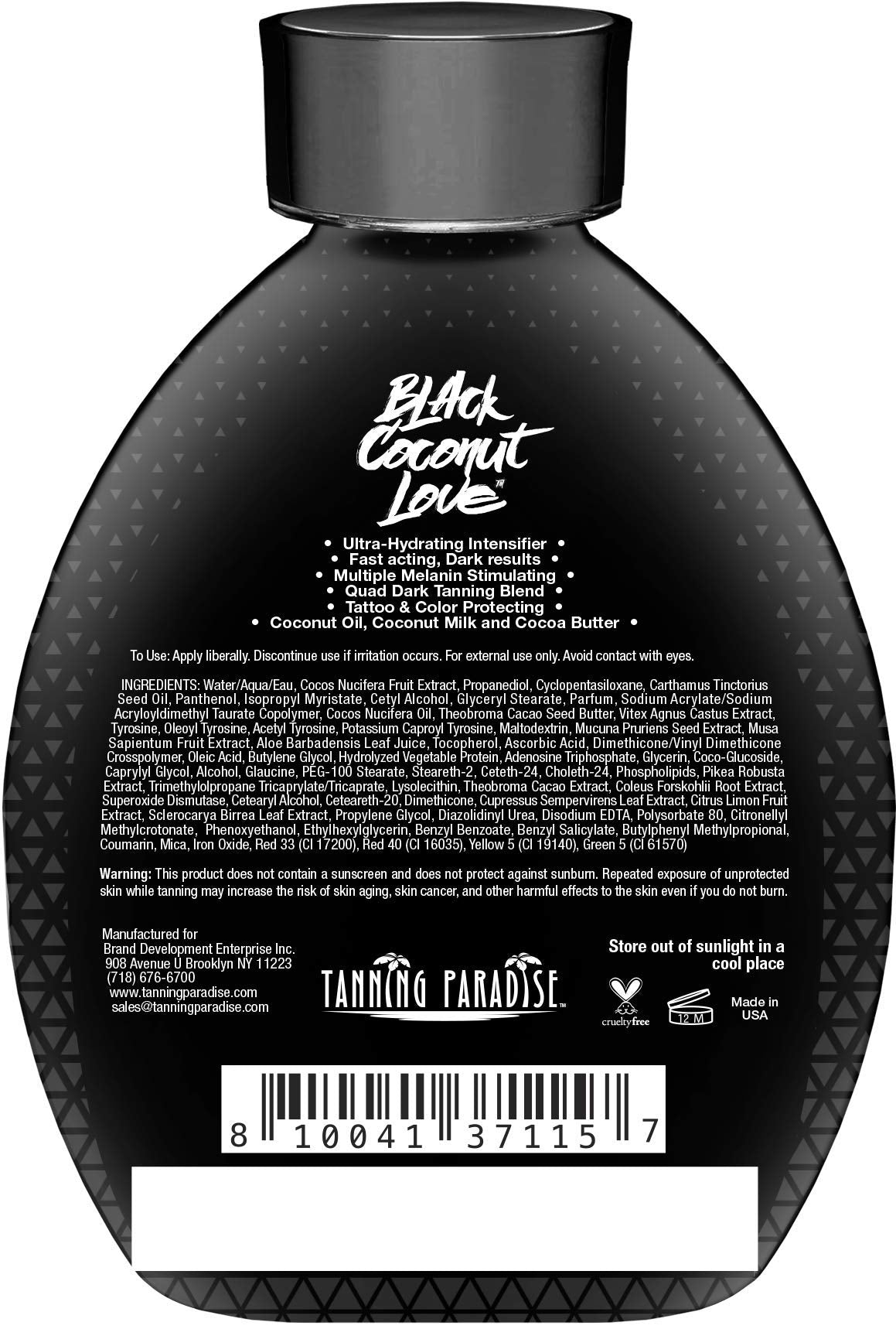 Tanning Paradise Aloe Black Lotion - Anti-Aging Matte Black Bronzer, Anti-Orange, Tattoo & Color Fade Protection, Deep Hydration, Matte Blackest