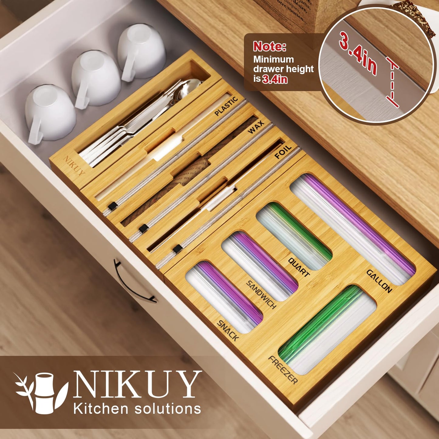 NIKUY 9 IN 1 Bamboo Foil and Plastic Wrap Organizer for Kitchen Drawer, Plastic Bag Organizer Organization and Storage, Food Storage Bag Organizer…