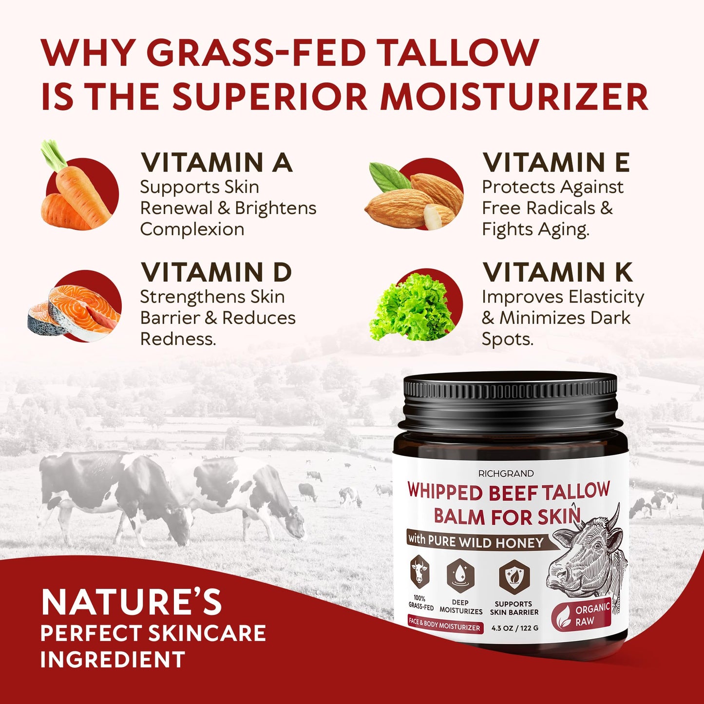 RICHGRAND Beef Tallow for Skin - Whipped Tallow and Honey Balm - Grass Fed Beef Tallow for Face, Daily Moisturizer & Body Butter - Natural Non Beauty and Personal Care RICHGRAND