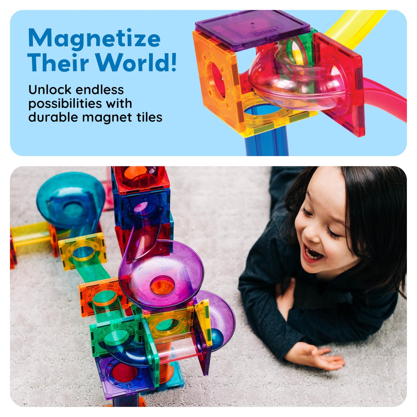 PicassoTiles 70pcs Marble Run Magnetic Tiles – STEM Building Set with Marbles for Kids Ages 3+, Educational Brain Development Toy PTG70