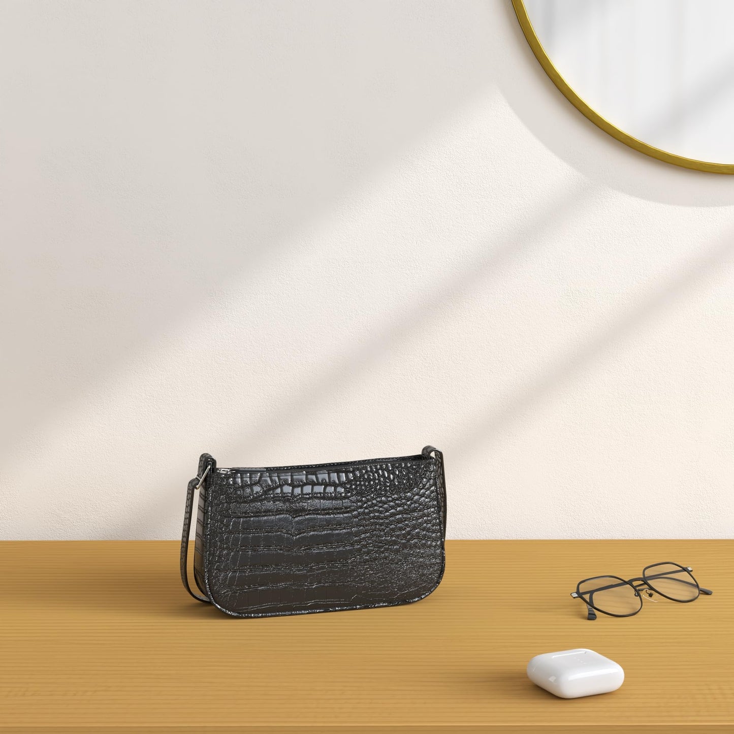 WSRYDJDL Small Purse for Women, Adjustable Shoulder Bags Crocodile Pattern Clutch Purse with Zipper Closure Retro (Black)