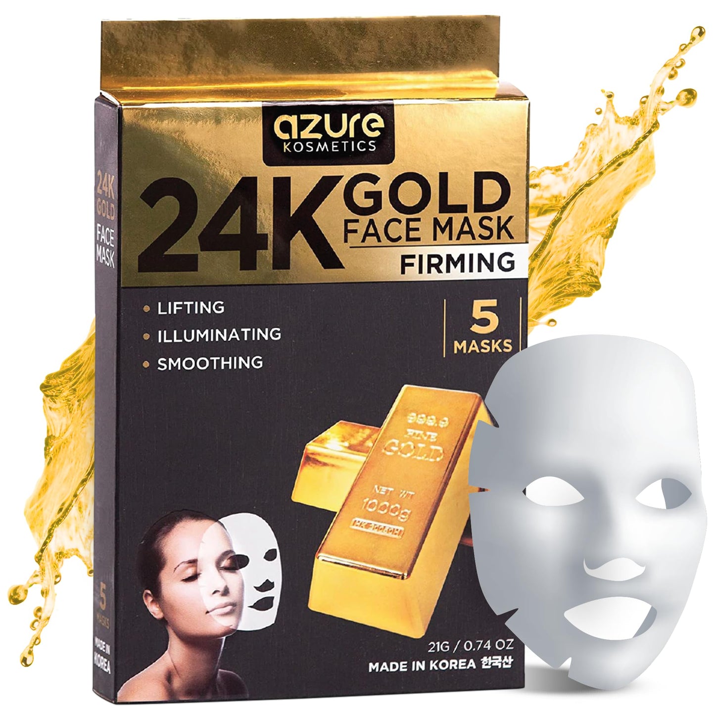 Azure Cosmetics 24K Gold Firming Face Mask- Anti Aging, Hydrating, Toning & Firming Facial Mask - Helps Reduce Wrinkles & Fine Lines with Hyaluronic
