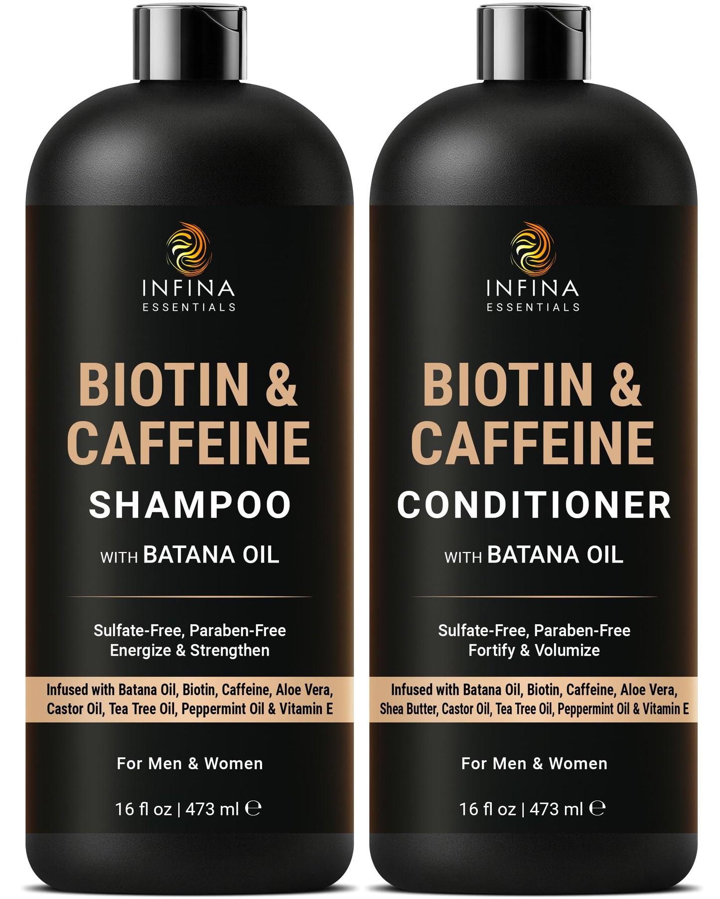 INFINA ESSENTIALS Caffeine Biotin Shampoo and Conditioner Set | Hair Thickening & Strengthening | 16 fl oz Each | with Batana Oil & Castor Oil |