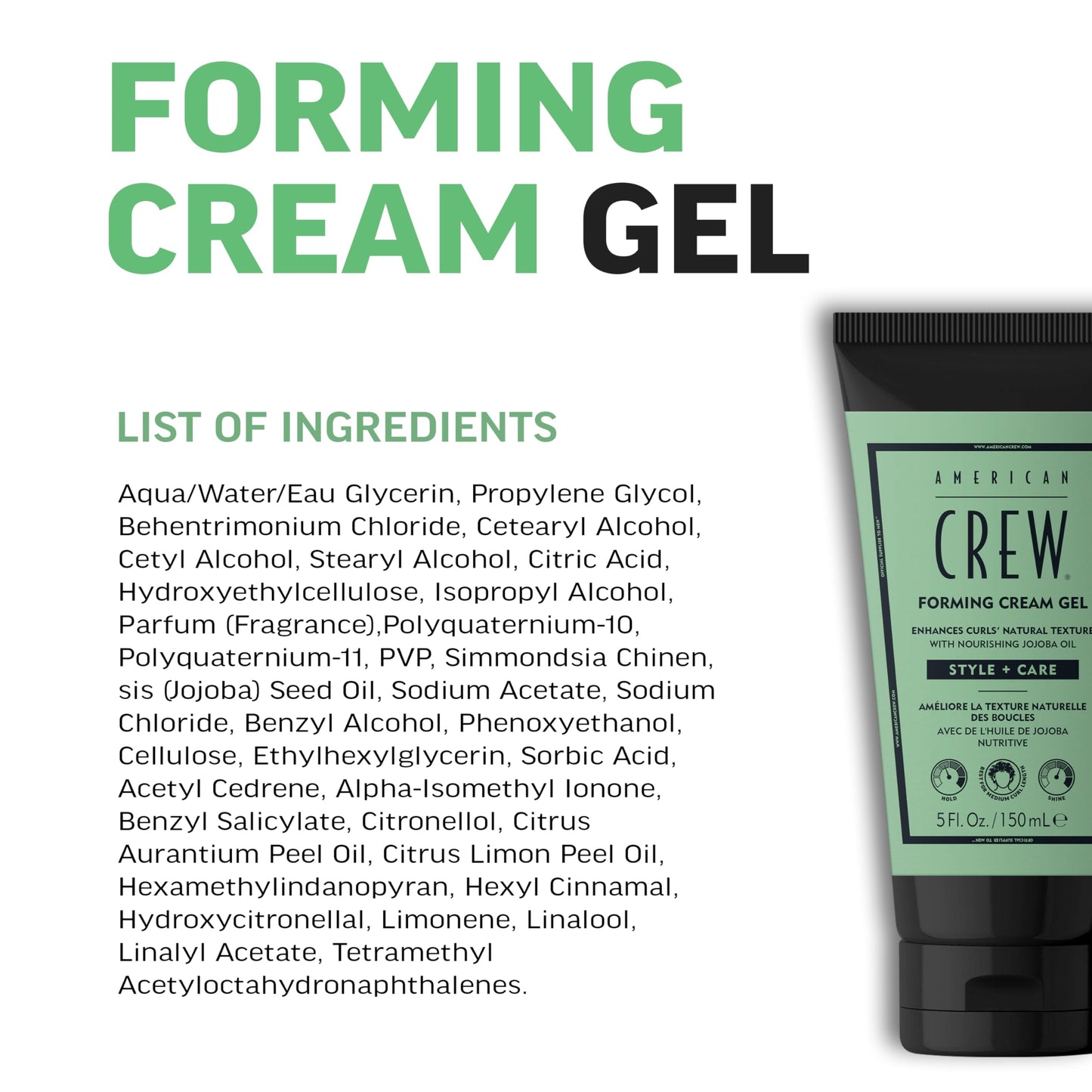 AMERICAN CREW Forming Cream Gel, Curl Defining & Frizz Control with Jojoba Oil, Soft, Flexible Hold & Natural Finish for Curly Hair, 5 fl oz