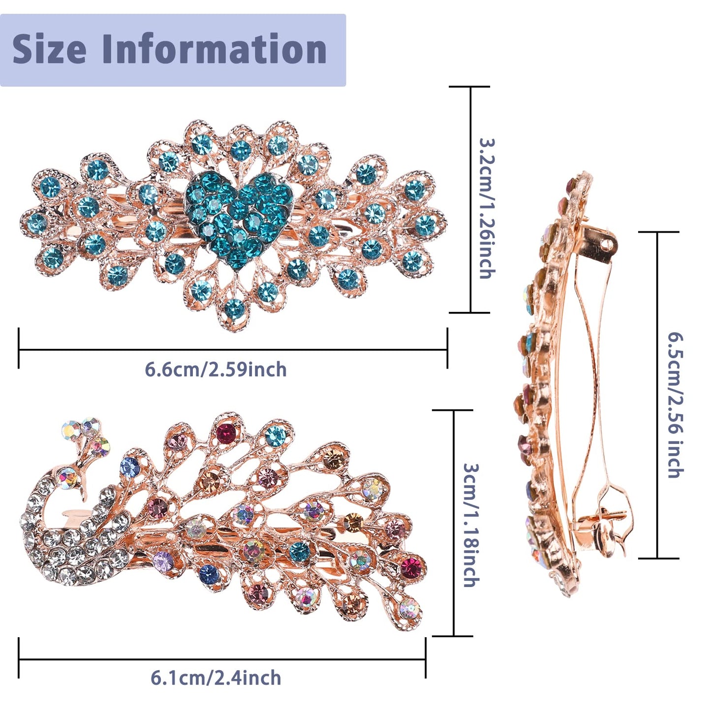 QXUJI 4PCS Crystal Rhinestones Hair Clips, Sparkly Glitter Flower Peacock Hair Barrettes, Metal Spring Hair Pins Snap Accessories, for Women Girls