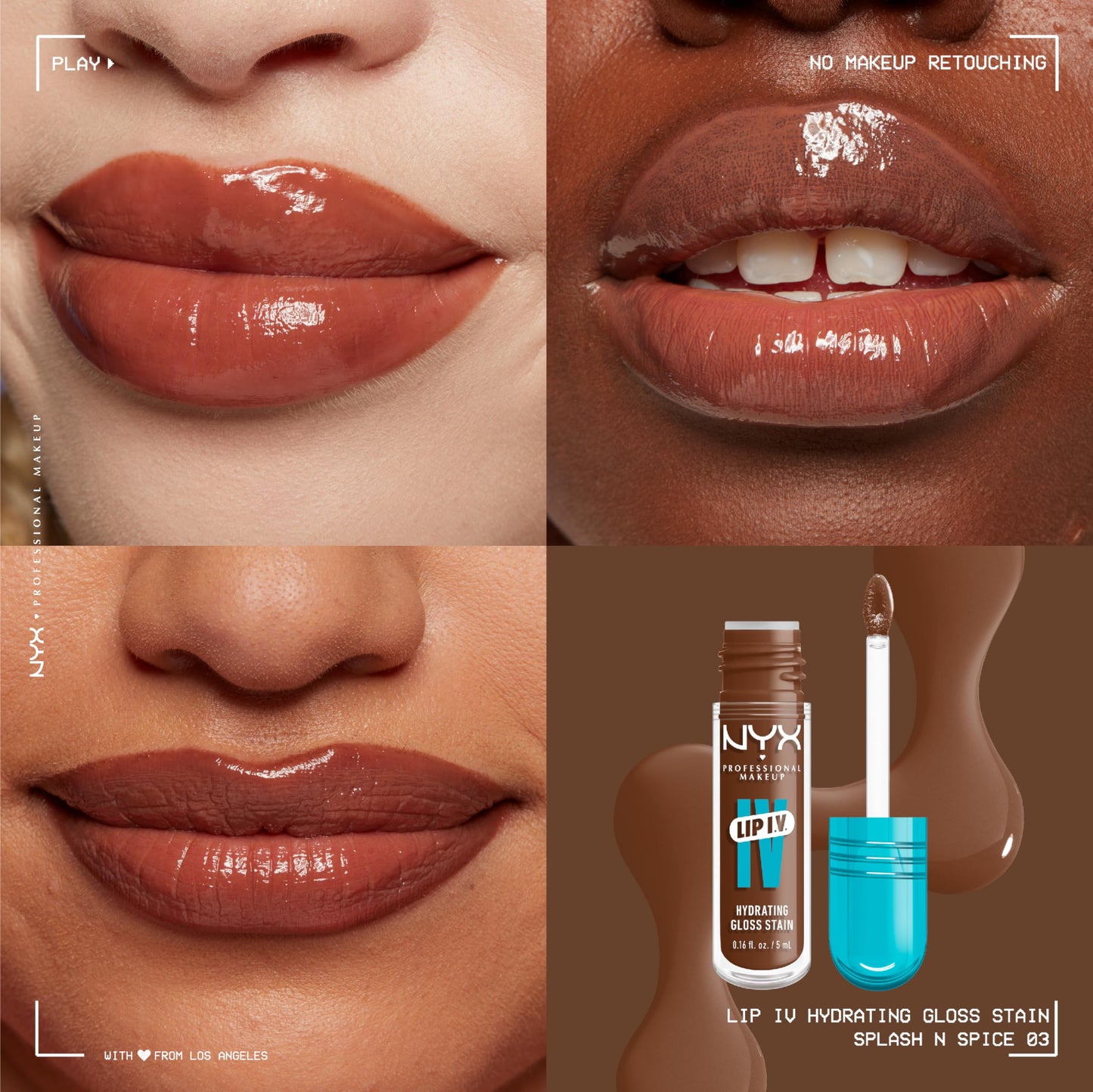 NYX PROFESSIONAL MAKEUP Lip IV Hydrating Glossy Lip Stain, Long-Lasting, Tinted, Vegan Formula with 12 HR Hydration - Splash N Spice (Brown)