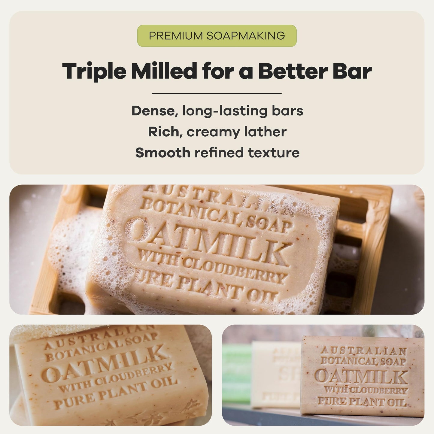 Australian Botanical Soap Oat Milk with Cloudberry - Triple Milled 6.6 oz Bar Soap with Shea Butter, Face Hand & Body Soap Bars, Pack of 4