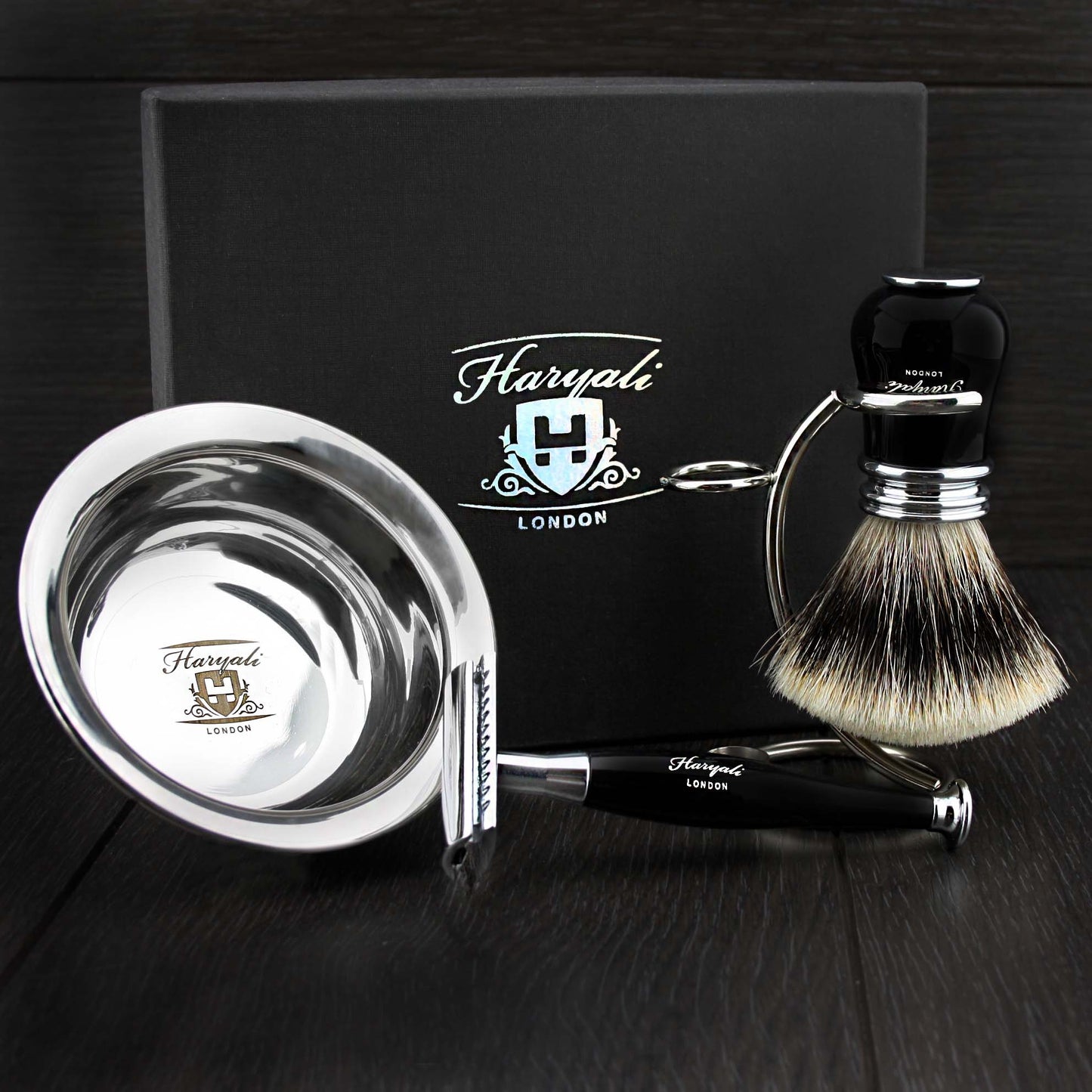 Ready to Use 4 Pcs Men's Shaving Set with Double Edge Safety Razor, Sliver Tip Badger Hair Brush, Stand and Steel Soap Bowl Beauty and Personal Care Haryali London