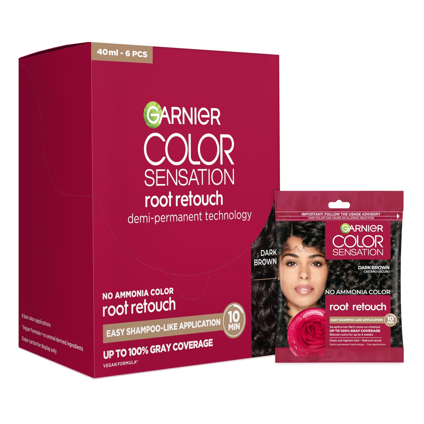 Garnier Color Sensation Root Retouch, Demi Permanent Hair Dye for Roots with 100% Gray Coverage and No Ammonia, Dark Brown Hair Dye 4.0, Pack of 6