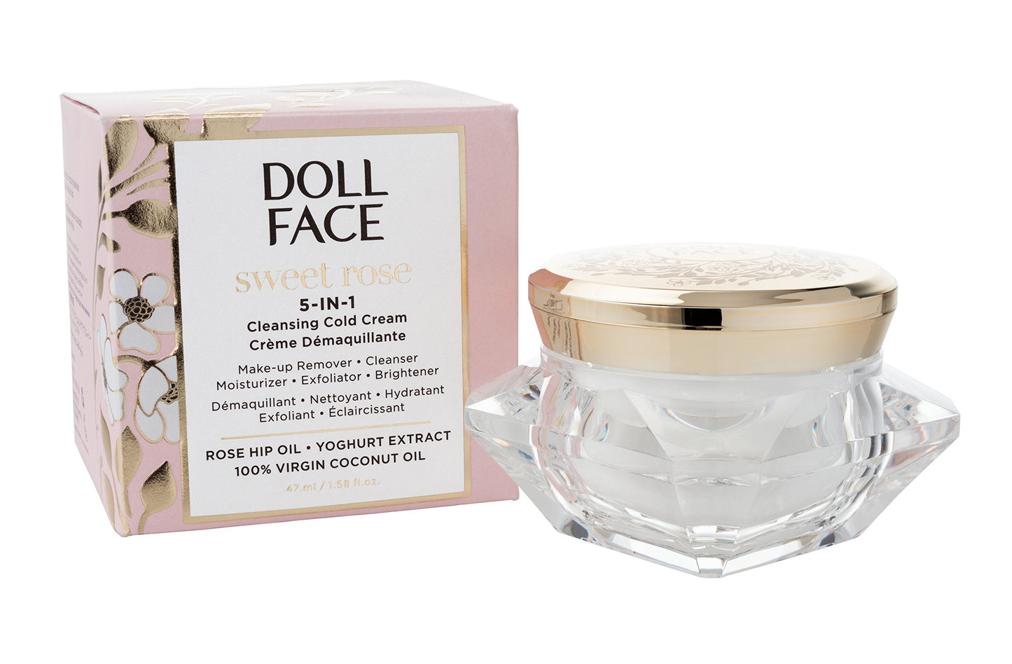 Doll Face Sweet Rose 5-in-1 Cleansing Cold Cream | Makeup Remover Balm with Coconut and Rose Hip Oils | Double Facial Cleanser for All Skin Types |