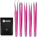Alfaly Tweezers Set - Professional Stainless Steel 5-Piece Precision Tweezer for Men & Women - Great for Facial Hair Removal, Eyebrow Shaping