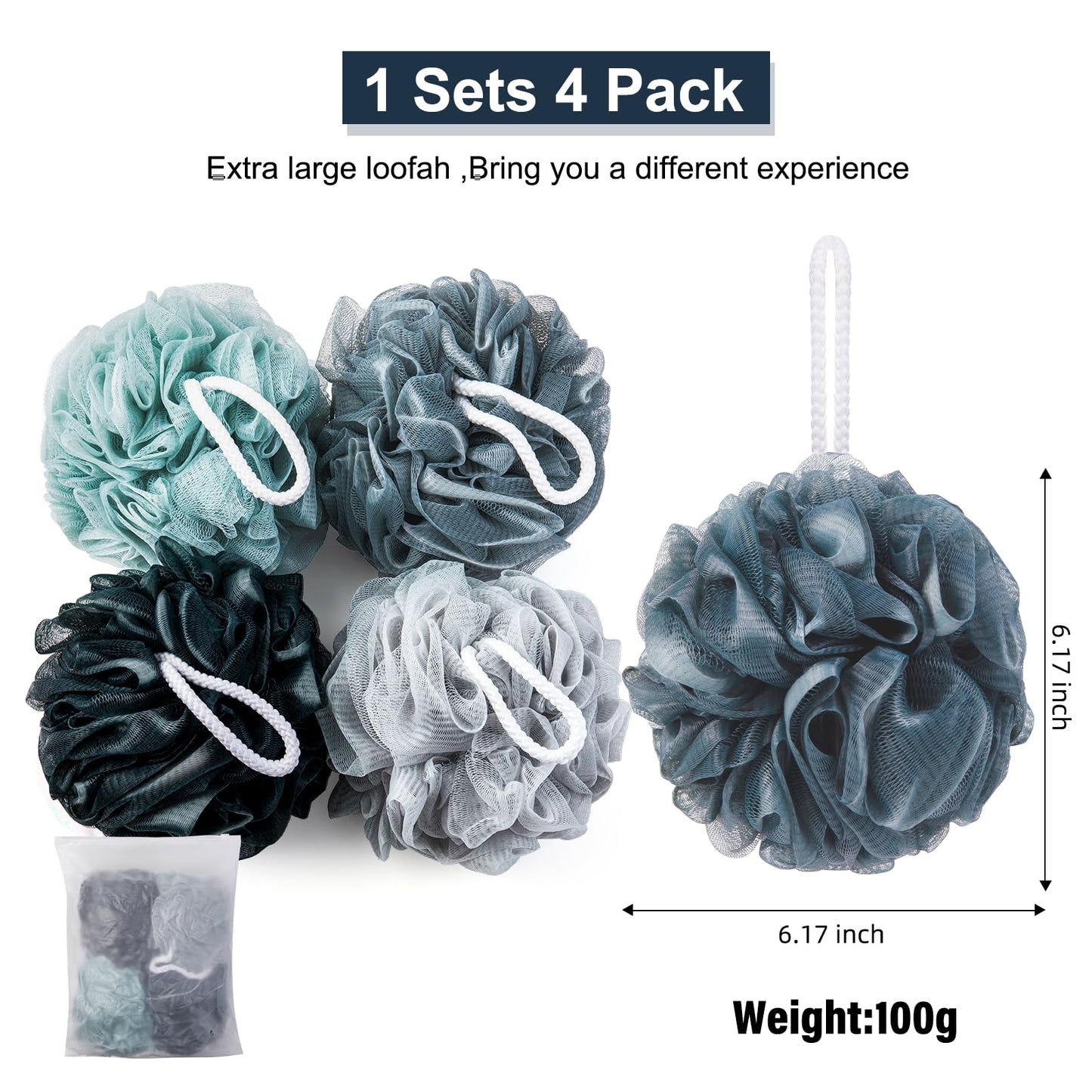 MTDLYICE Loofah Sponge XXL-100g 4 Pack, Bath Sponge Soft Mesh Shower Puff Loofah for Men, Exfoliating Body Scrubber for Women, Shower Accessories