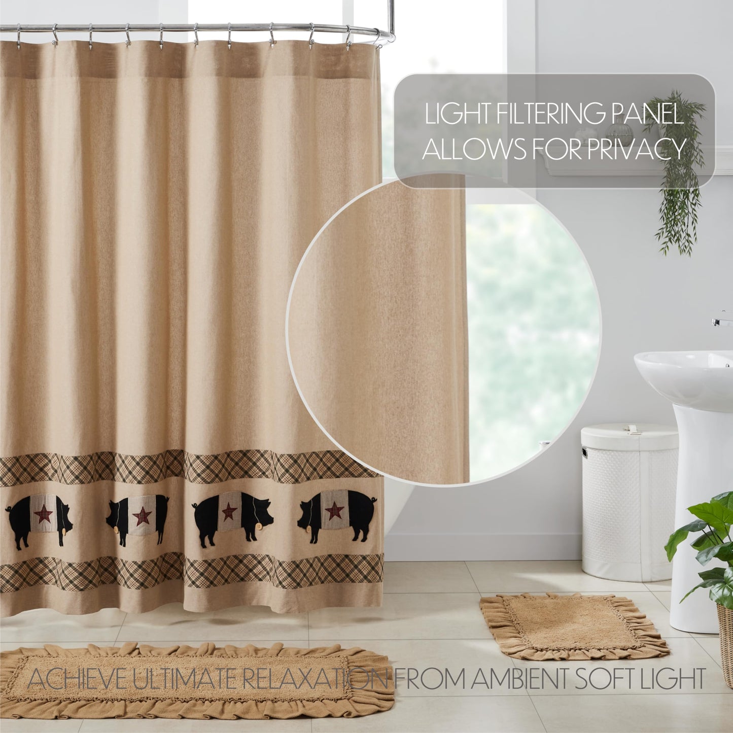 VHC Brands Cider Mill Primitive Pig Shower Curtain, Tan, 72x72