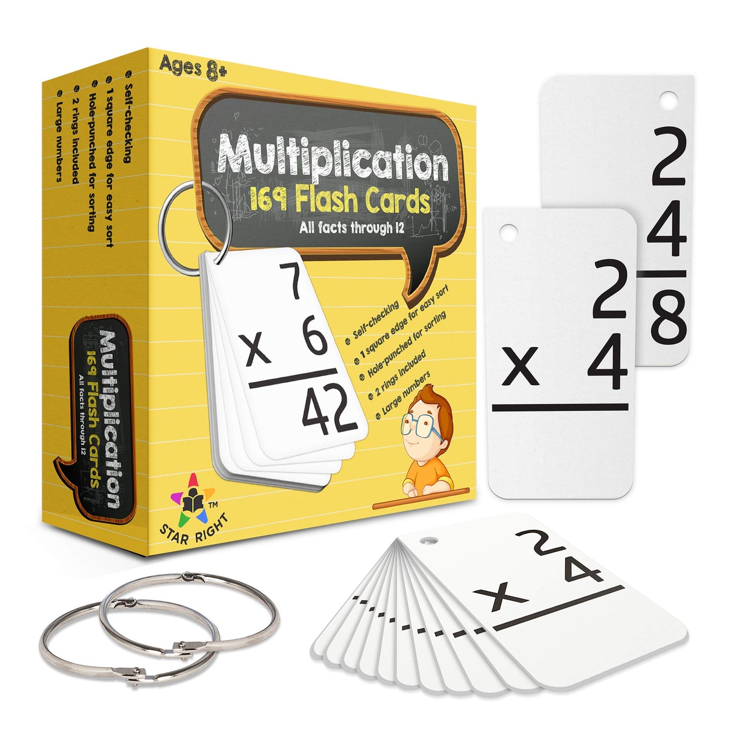 Star Right Multiplication Flash Cards | 169 Math Study Cards with Binder Rings | Times Tables Practice Set for Kids Ages 8+ Home or School