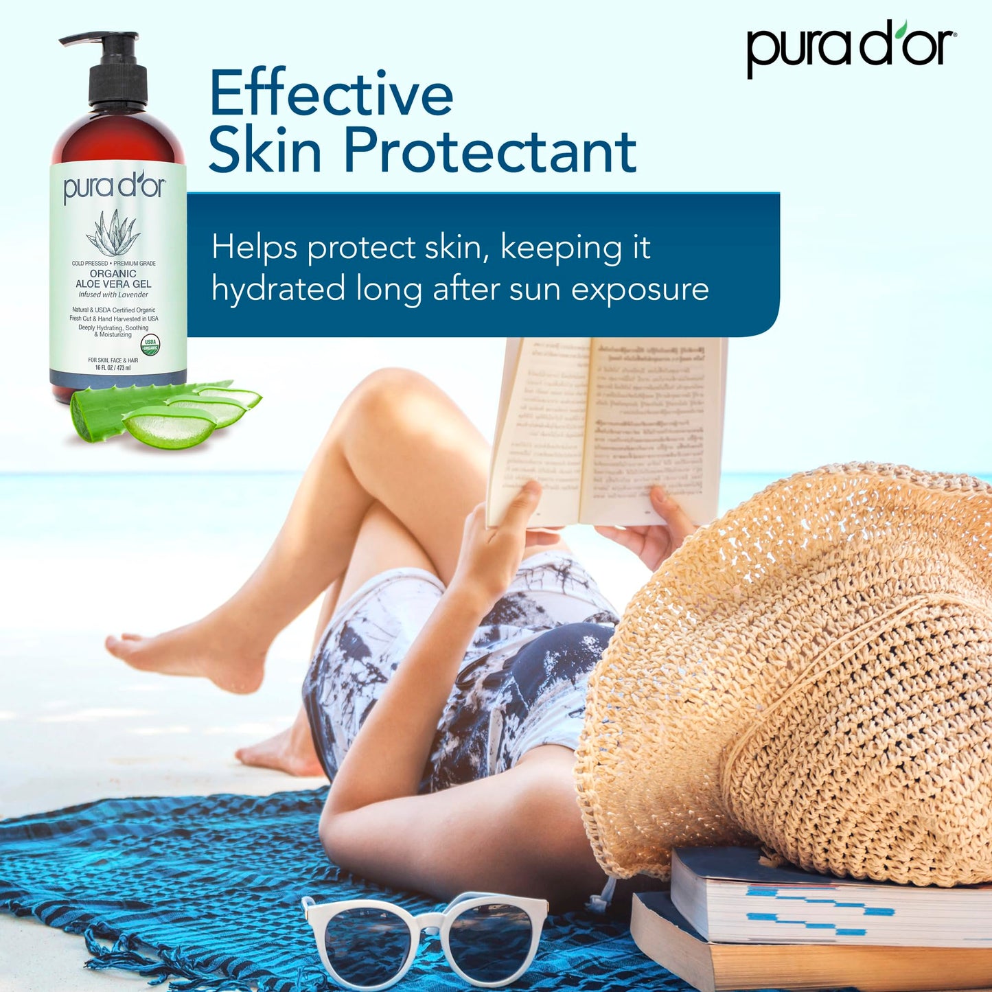 PURA D'OR 16 Oz ORGANIC Aloe Vera Gel - Lavender - All Natural - ZERO Artificial Preservatives - Deeply Hydrating & Moisturizing - Sunburn, Bug Bites
