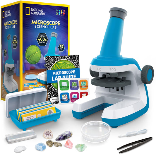 National Geographic Kids Microscope – Easy Science Kit with 400x Zoom, Prepared & Blank Slides, STEM Toy Gift for Ages 6–10, Exclusive