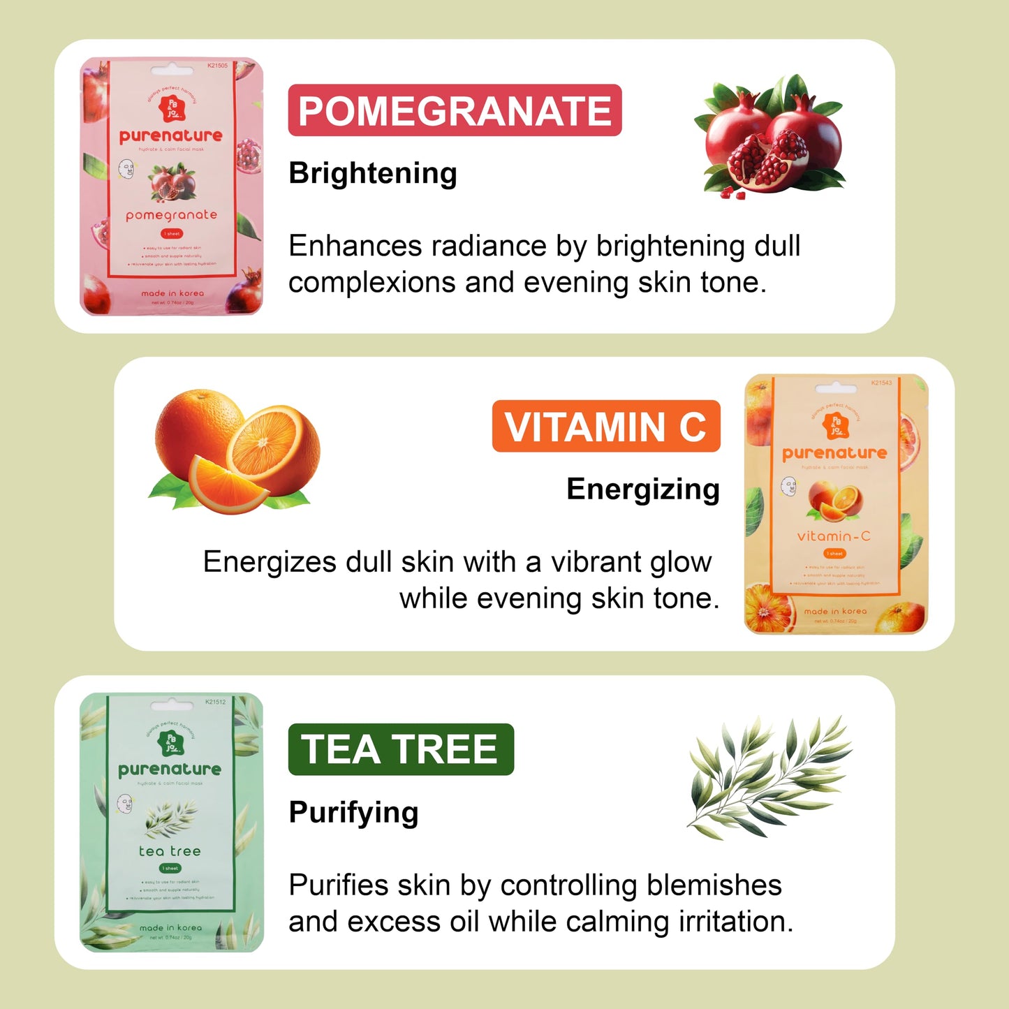 PB&Jay Purenature Hydrate and Calm Facial Mask - 12 Pack Acai Berry,Vita c,retinol and more, Made in Korea, Face Mask Skincare for Hydration, Skincare