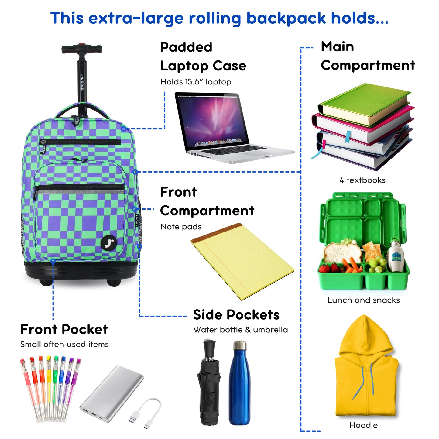 J World Sundance Laptop Rolling Backpack for Girls Boys. Roller Bookbag with Wheels, Pixel Checkers