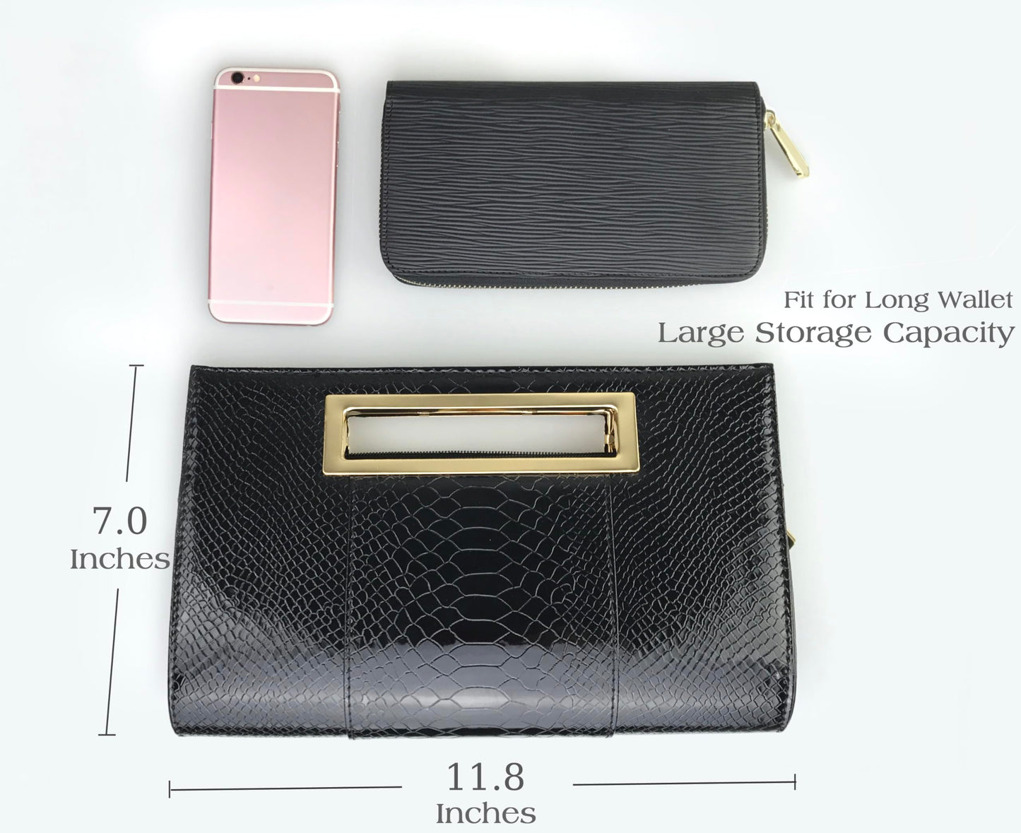 HOXIS Classic Crocodile Pattern Faux Patent Leather Metal Grip Cut it out Clutch with Shoulder Strap Womens Handbag(Black)