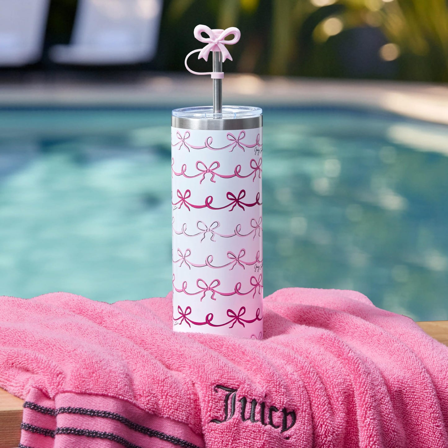 Juicy Couture Glam Slip 24oz Stainless Steel Hydration Tumbler with Straw Topper, Pink Doodle Bows